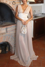 Lila Sleeveless Deep V Satin Waist Chiffon Flowy Maxi Dress Avalabel