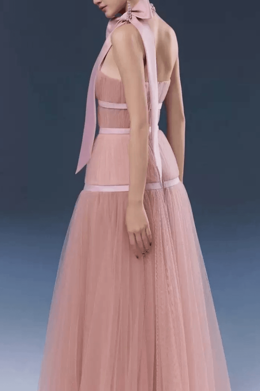 Zoe Pink Halter Bow Tulle Maxi Dress Avalabel