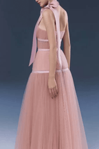 Zoe Pink Halter Bow Tulle Maxi Dress Avalabel