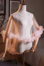 Pink 3D Floral Trim Sheer Tulle Shawl Avalabel