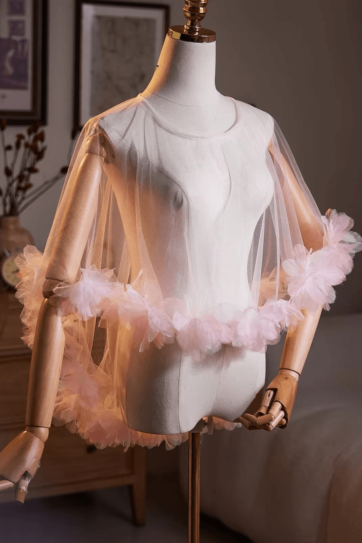 Pink 3D Floral Trim Sheer Tulle Shawl Avalabel