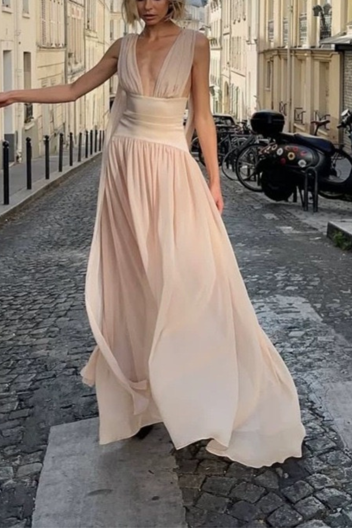 Lila Sleeveless Deep V Satin Waist Chiffon Flowy Maxi Dress Avalabel
