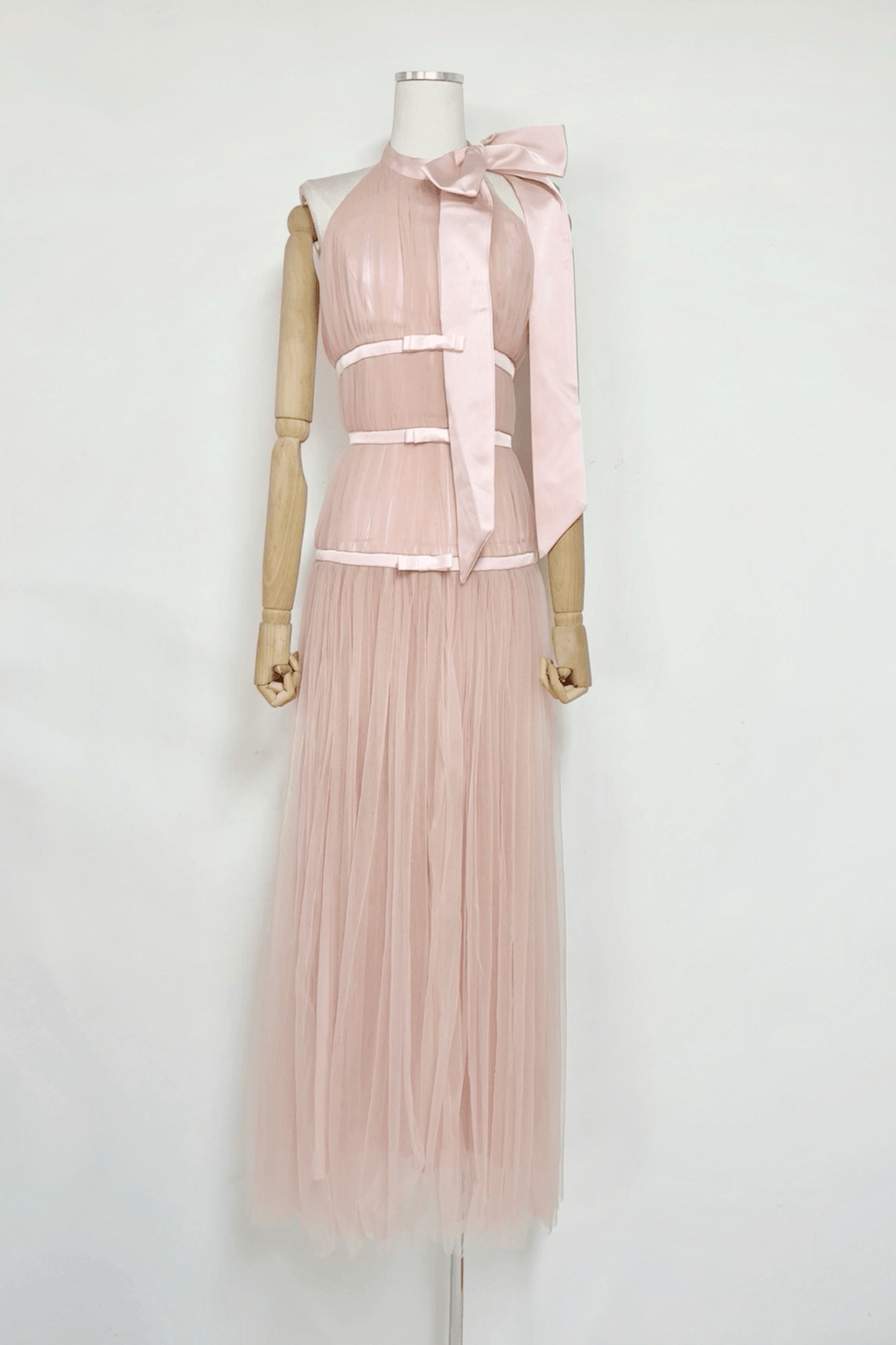 Zoe Pink Halter Bow Tulle Maxi Dress Avalabel