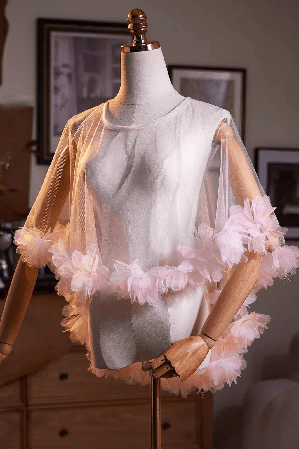 Pink 3D Floral Trim Sheer Tulle Shawl Avalabel