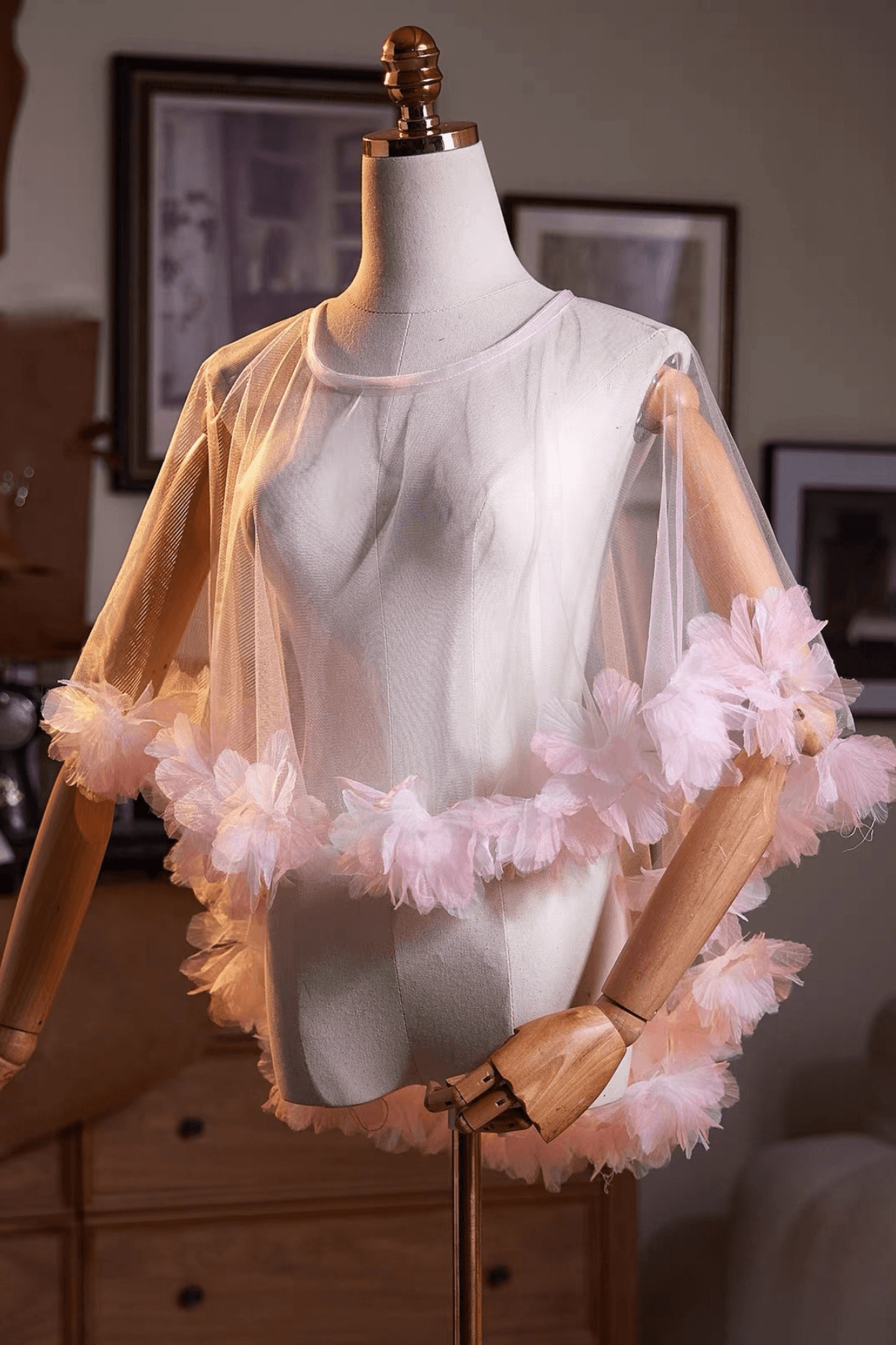 Pink 3D Floral Trim Sheer Tulle Shawl Avalabel