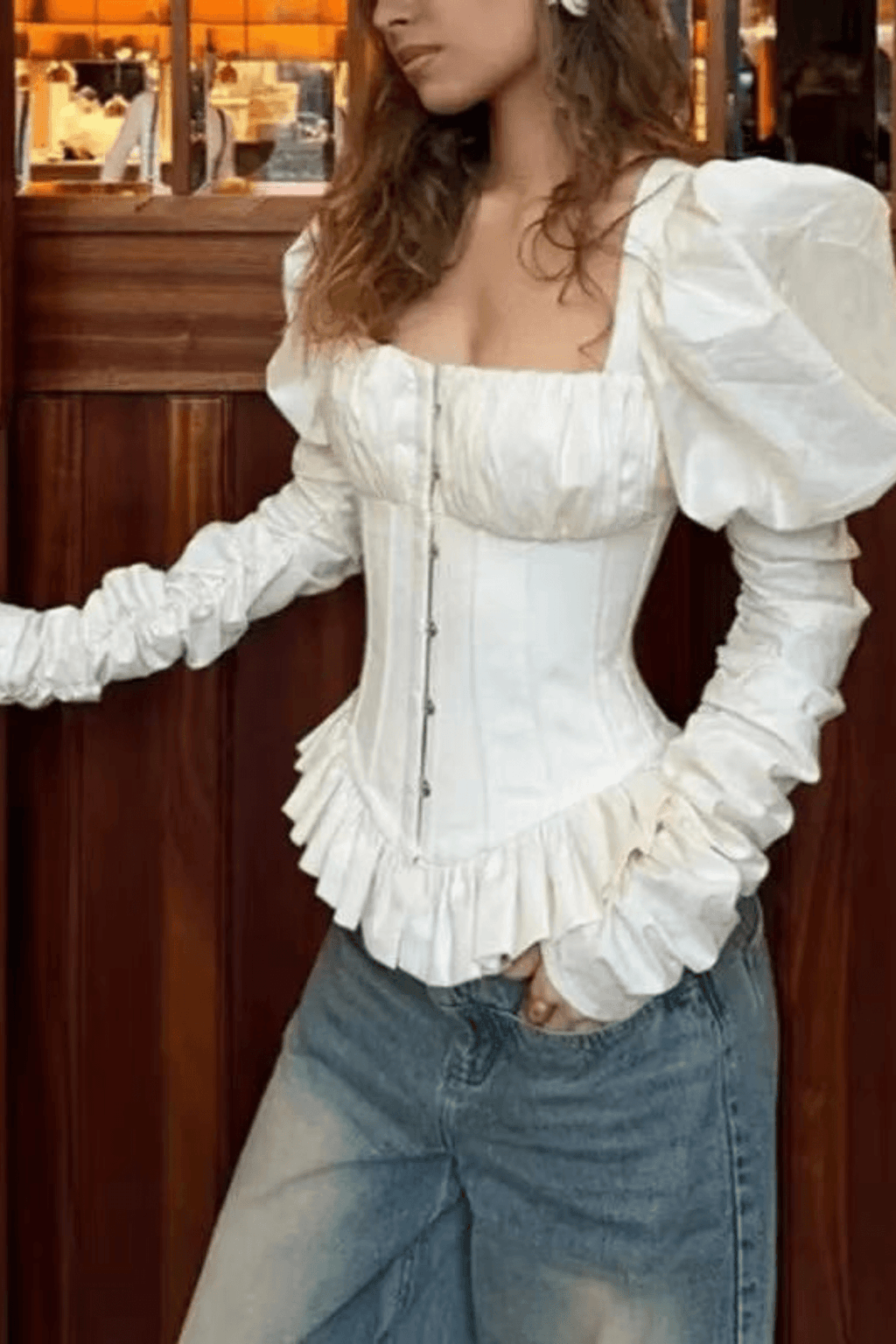 Winnie Cream Puff Sleeve Corset Peplum Top Avalabel