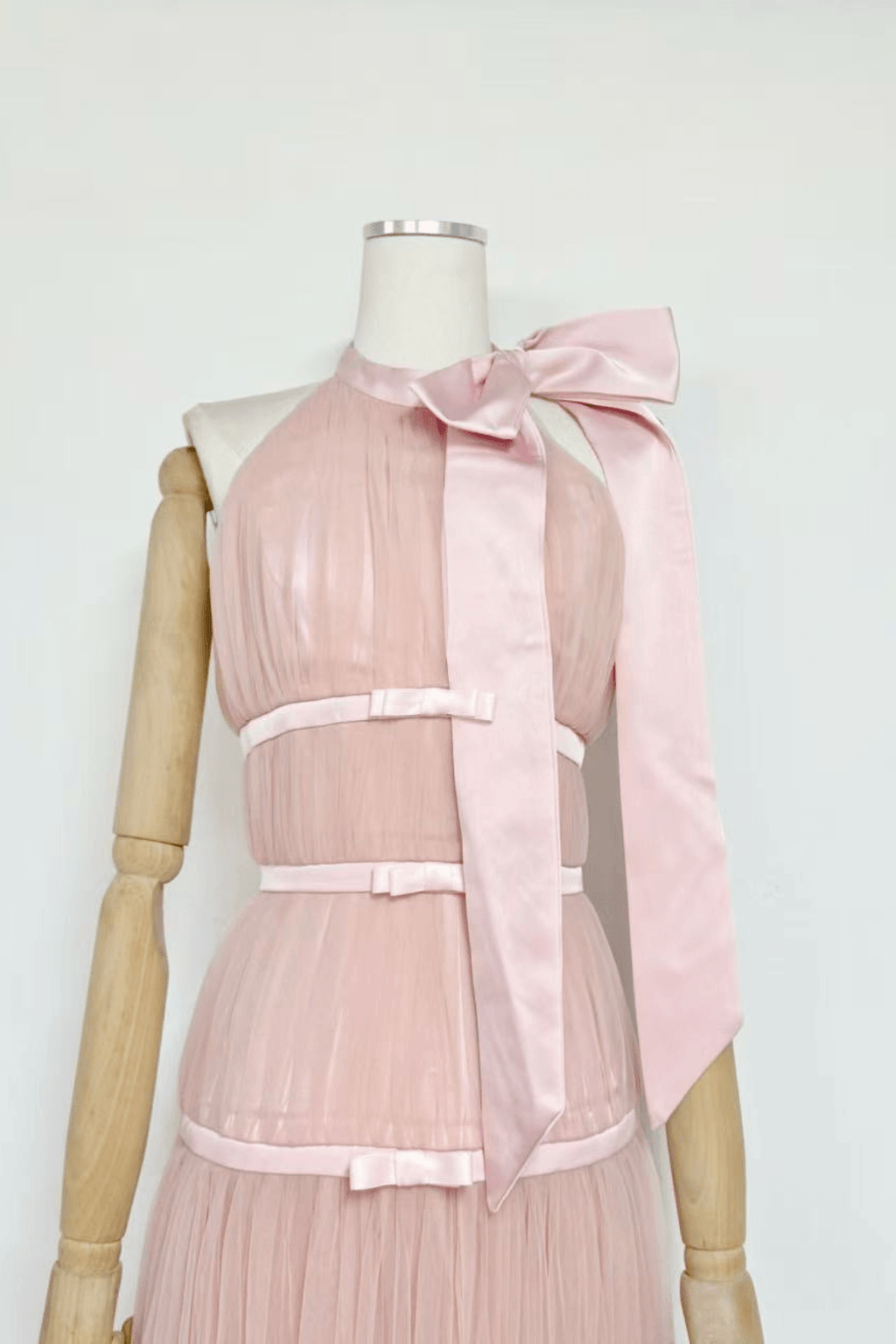 Zoe Pink Halter Bow Tulle Maxi Dress Avalabel