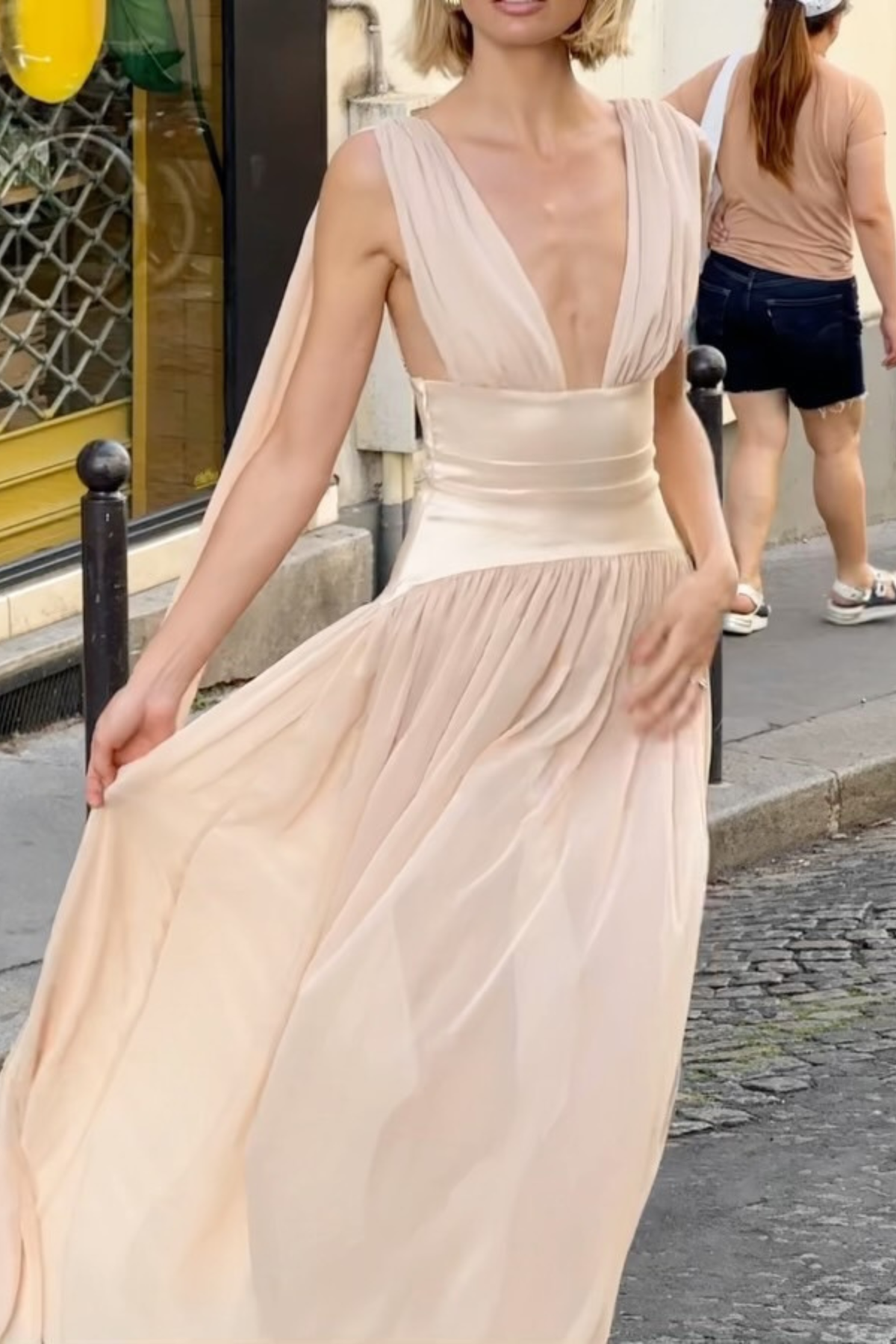 Lila Sleeveless Deep V Satin Waist Chiffon Flowy Maxi Dress Avalabel
