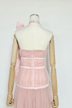 Zoe Pink Halter Bow Tulle Maxi Dress Avalabel
