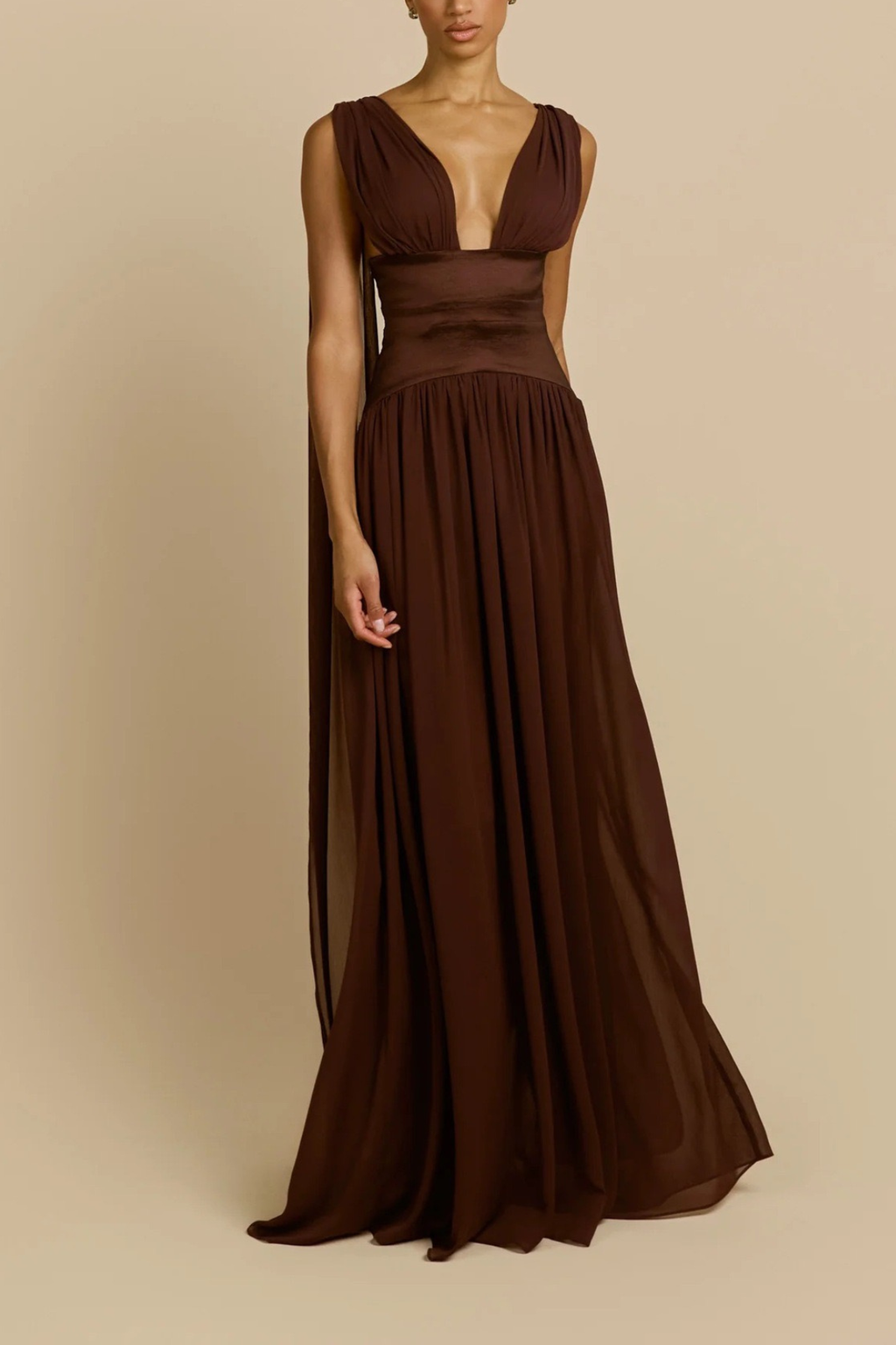 Lila Sleeveless Deep V Satin Waist Chiffon Flowy Maxi Dress Avalabel