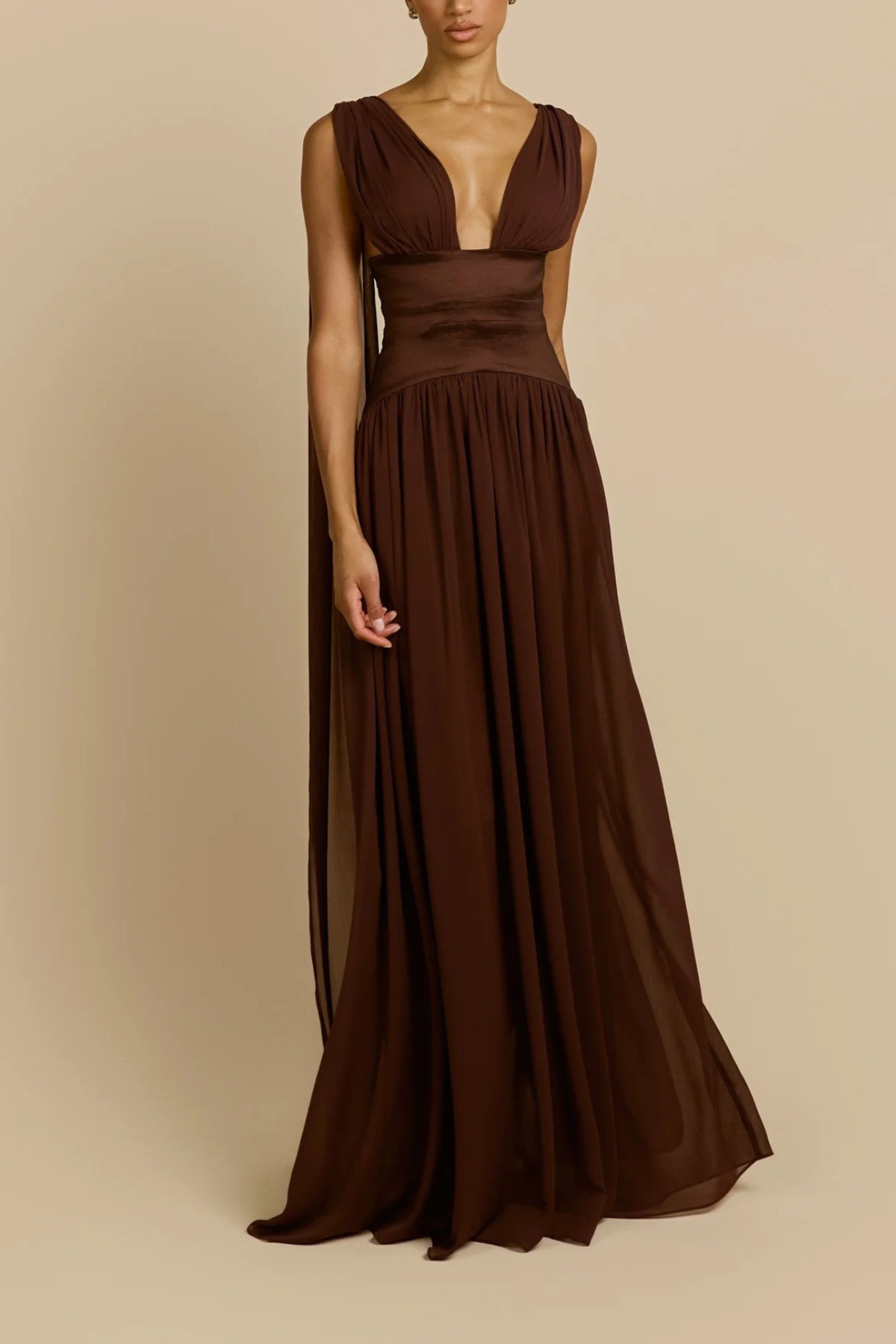 Lila Sleeveless Deep V Satin Waist Chiffon Flowy Maxi Dress Avalabel