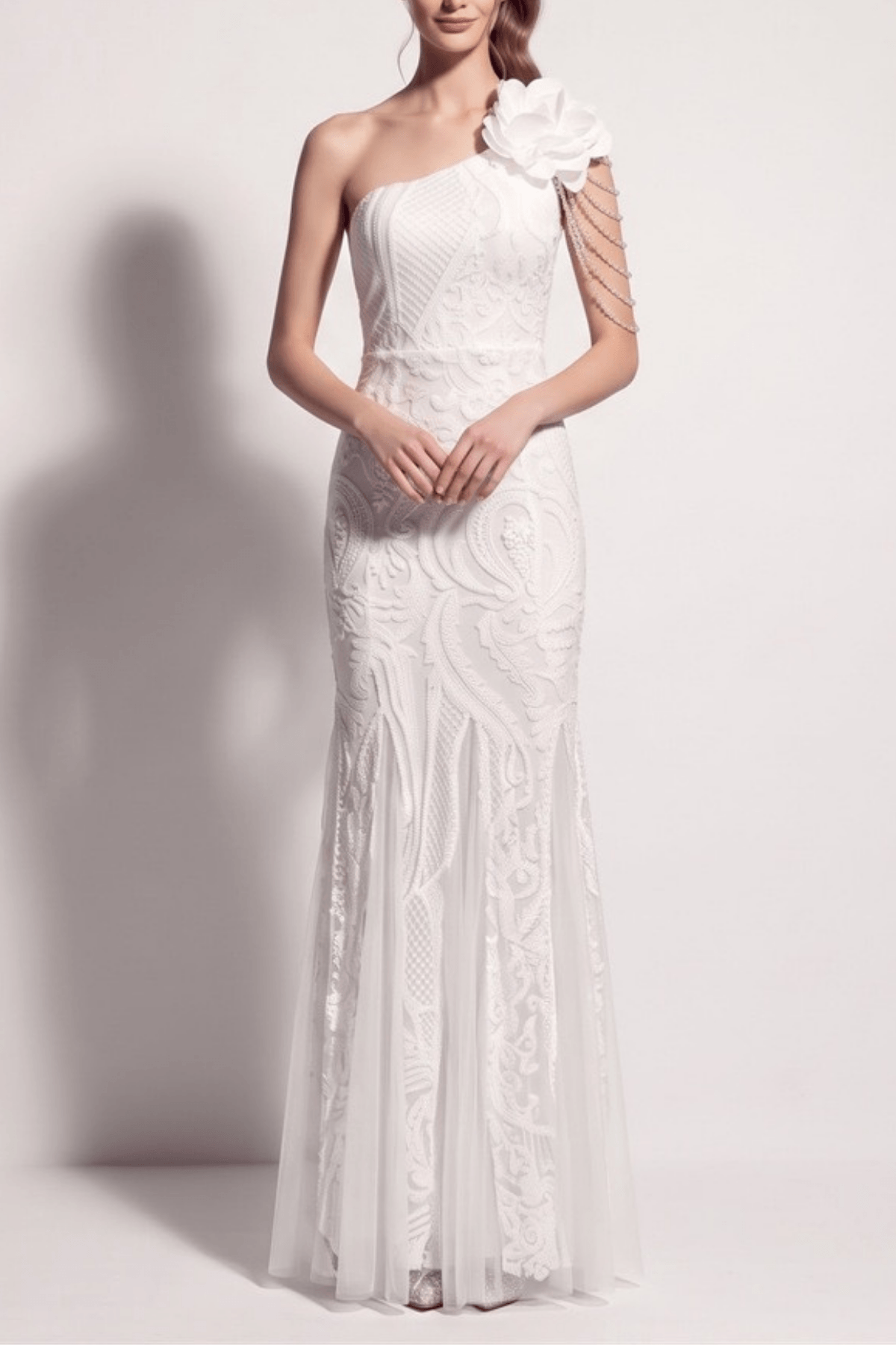 Adora One Shoulder White Lace Mermaid Maxi Dress Avalabel