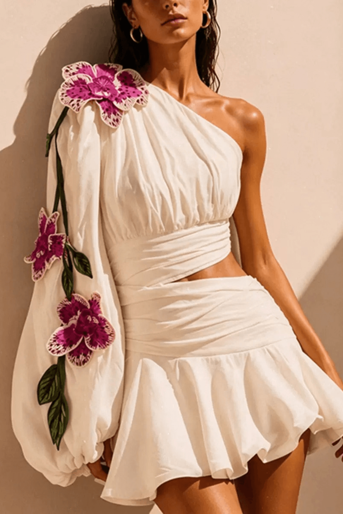 Jen 3D Floral Trim One Shoulder Two Piece Dress Avalabel