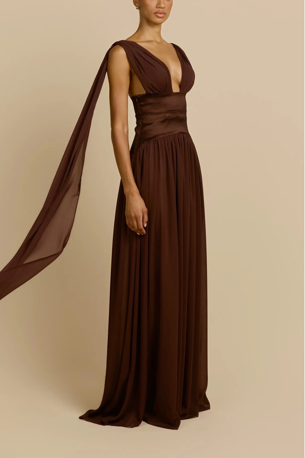 Lila Sleeveless Deep V Satin Waist Chiffon Flowy Maxi Dress Avalabel