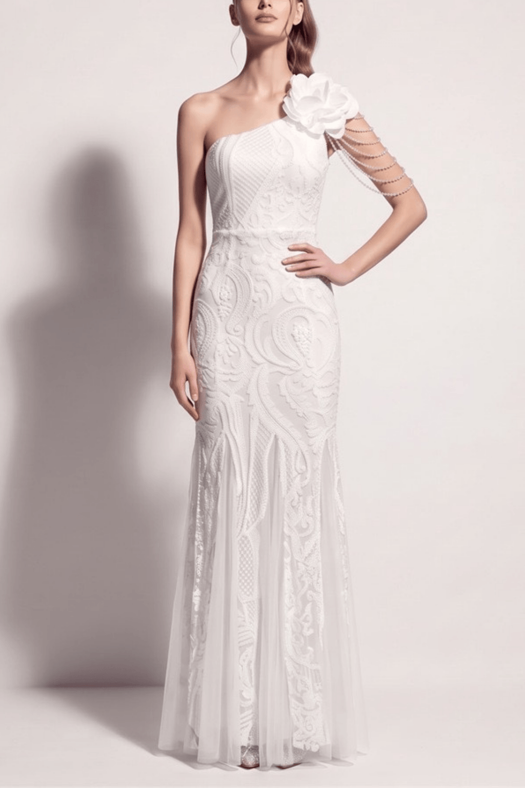Adora One Shoulder White Lace Mermaid Maxi Dress Avalabel