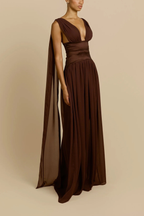 Lila Sleeveless Deep V Satin Waist Chiffon Flowy Maxi Dress Avalabel