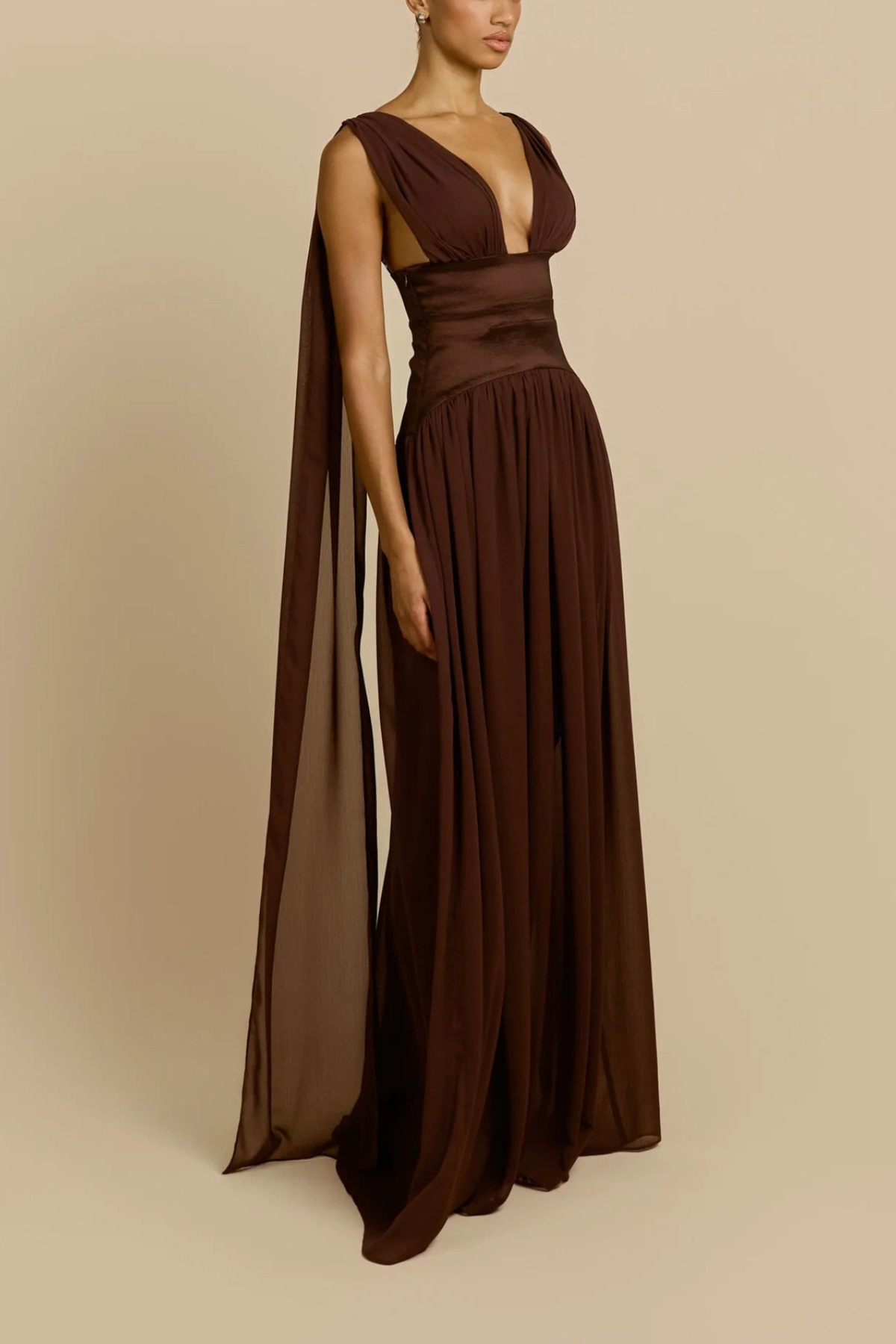 Lila Sleeveless Deep V Satin Waist Chiffon Flowy Maxi Dress Avalabel