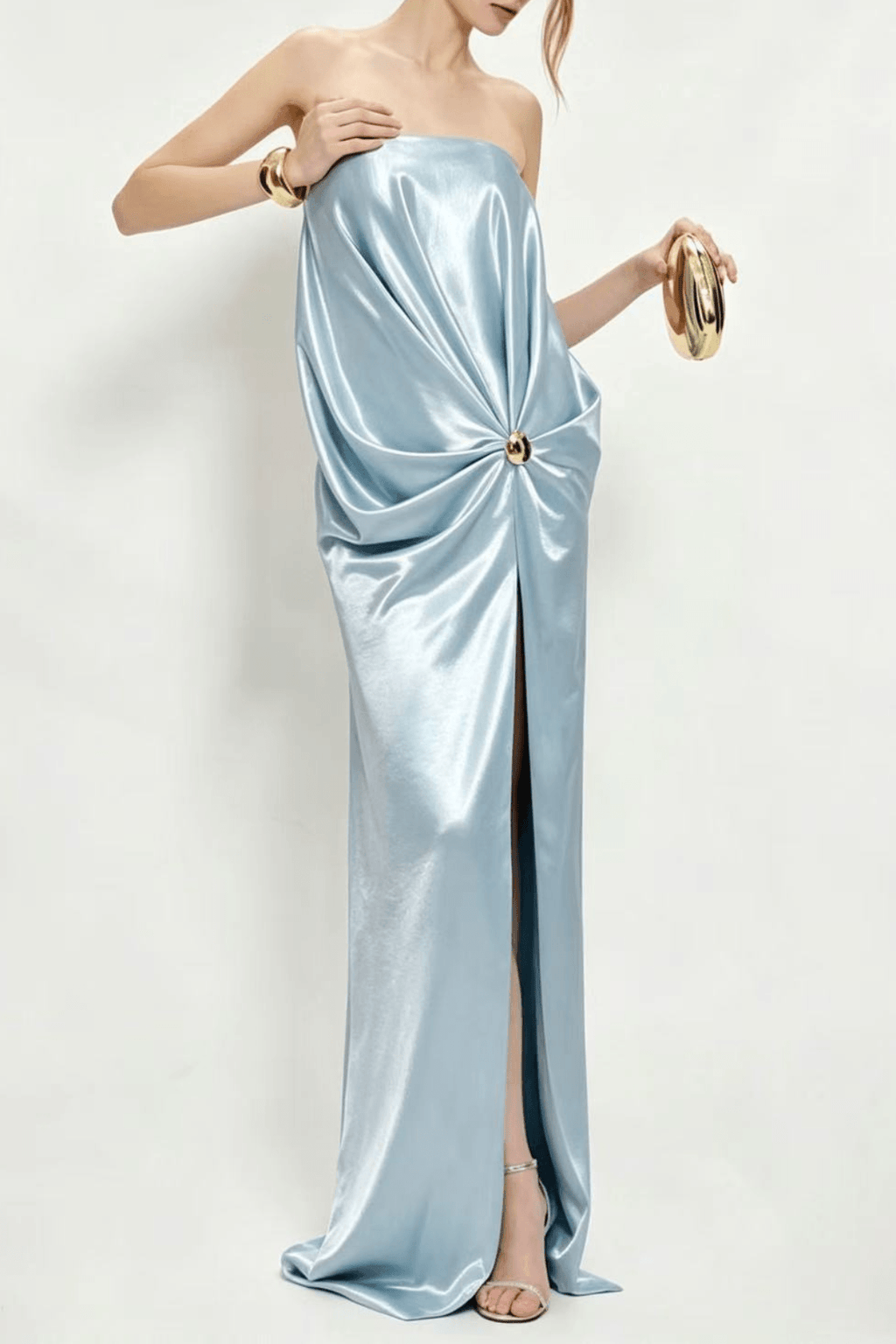 Ruby Blue Strapless Draped Satin Dress Avalabel