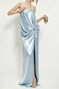 Ruby Blue Strapless Draped Satin Dress Avalabel