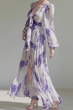Purple Wisteria Print Chiffon Long Sleeve Maxi Dress Avalabel