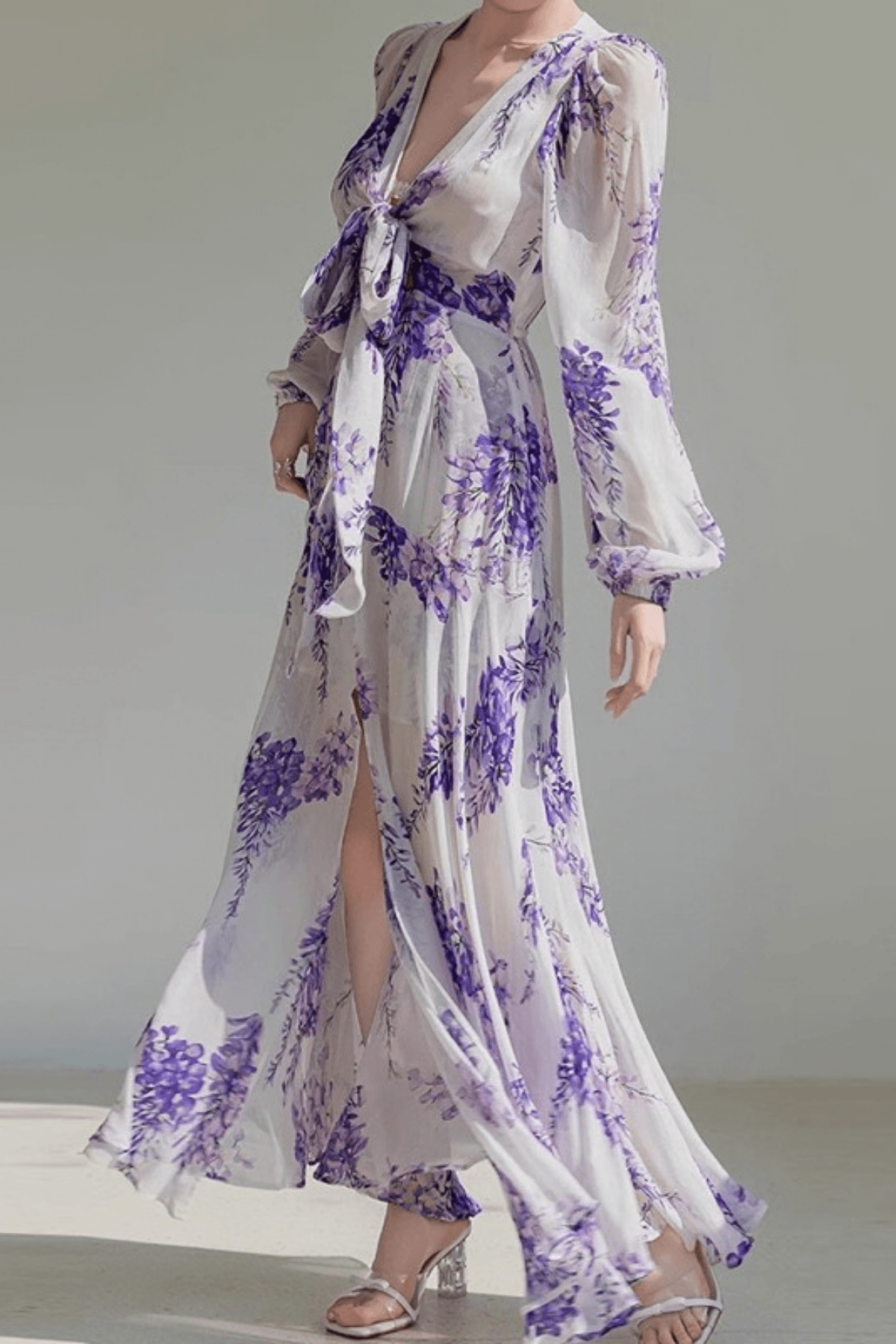 Purple Wisteria Print Chiffon Long Sleeve Maxi Dress Avalabel