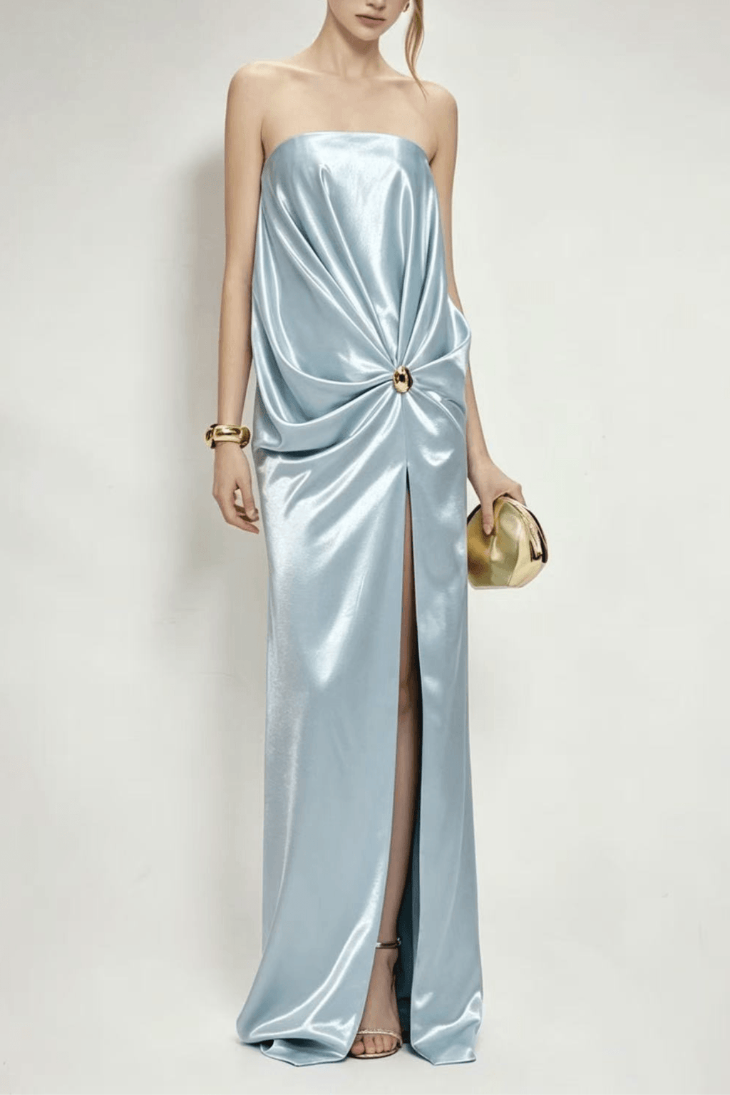 Ruby Blue Strapless Draped Satin Dress Avalabel