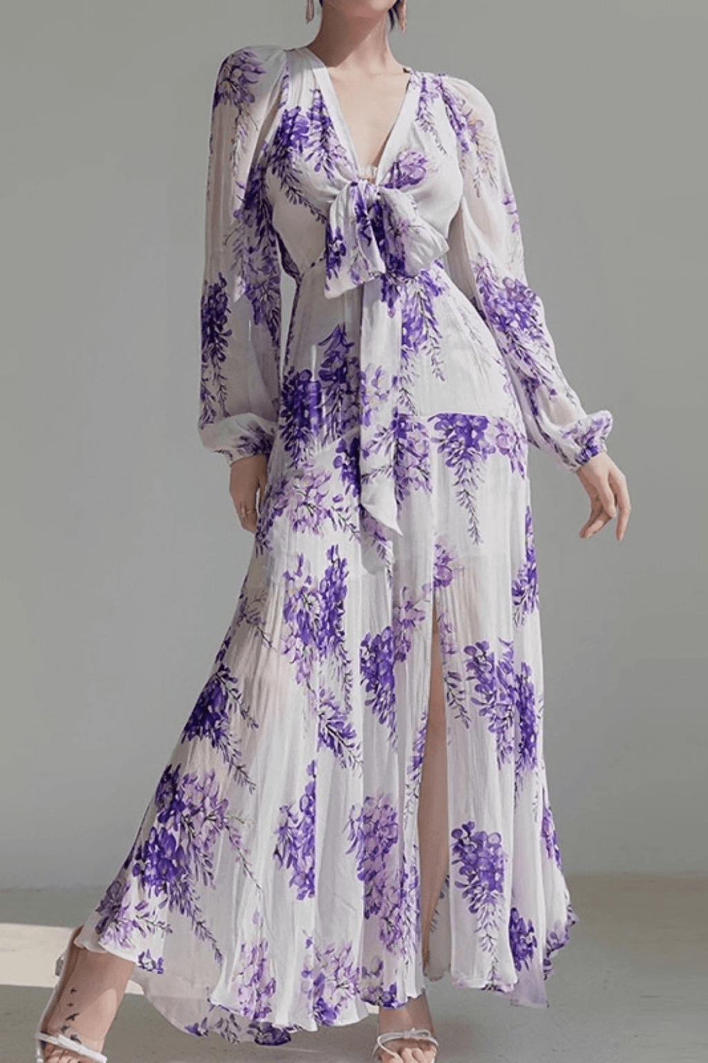 Purple Wisteria Print Chiffon Long Sleeve Maxi Dress Avalabel