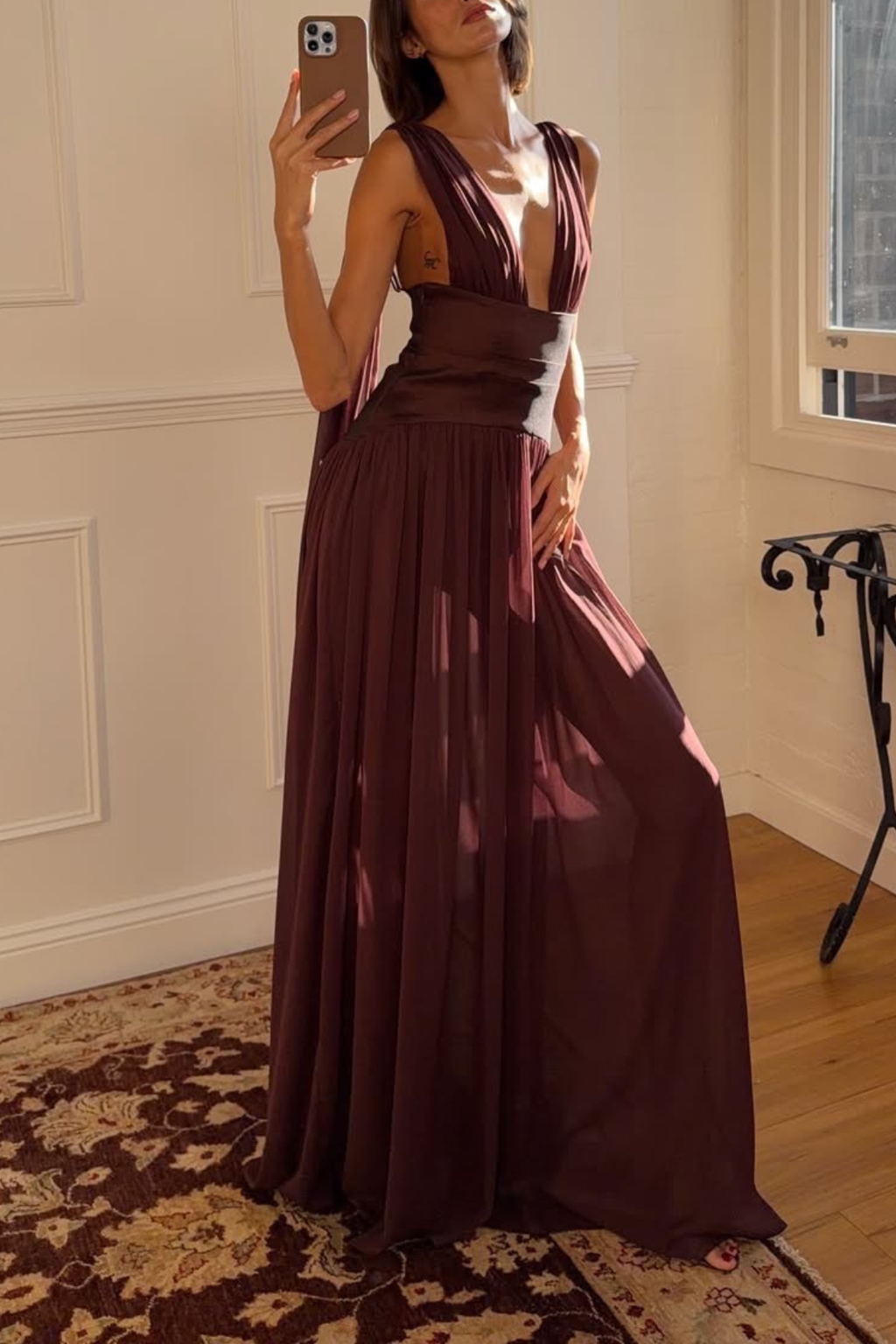 Lila Sleeveless Deep V Satin Waist Chiffon Flowy Maxi Dress Avalabel