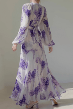 Purple Wisteria Print Chiffon Long Sleeve Maxi Dress Avalabel
