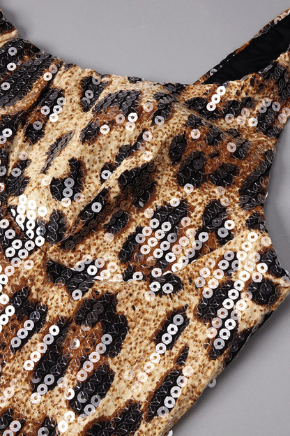 Olivia Leopard Print Sequin Gown with Black Sheer Cape