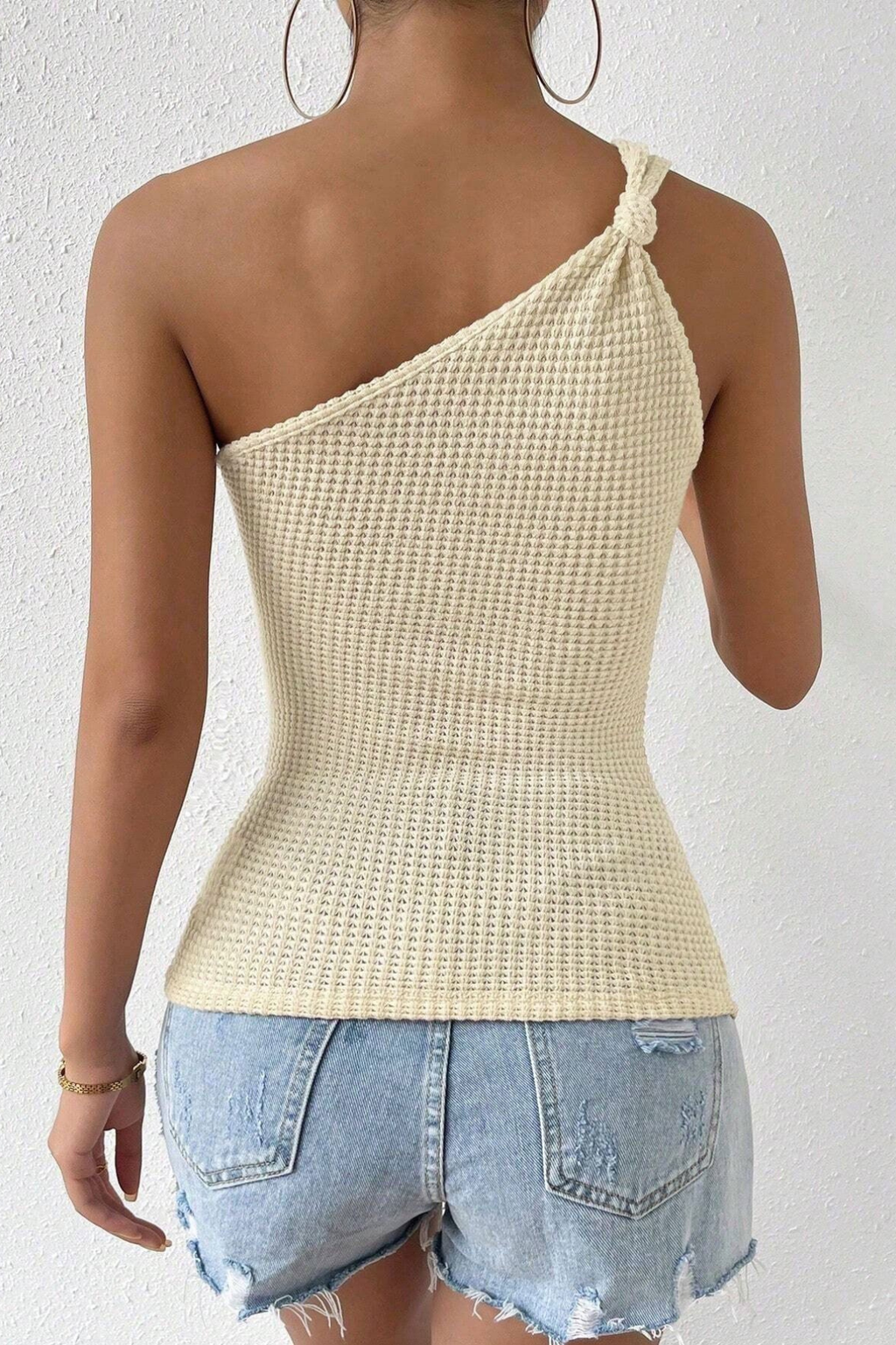 Laney Cream Waffle Textured One Shoulder Slim Fit Knit Cami Top Avalabel