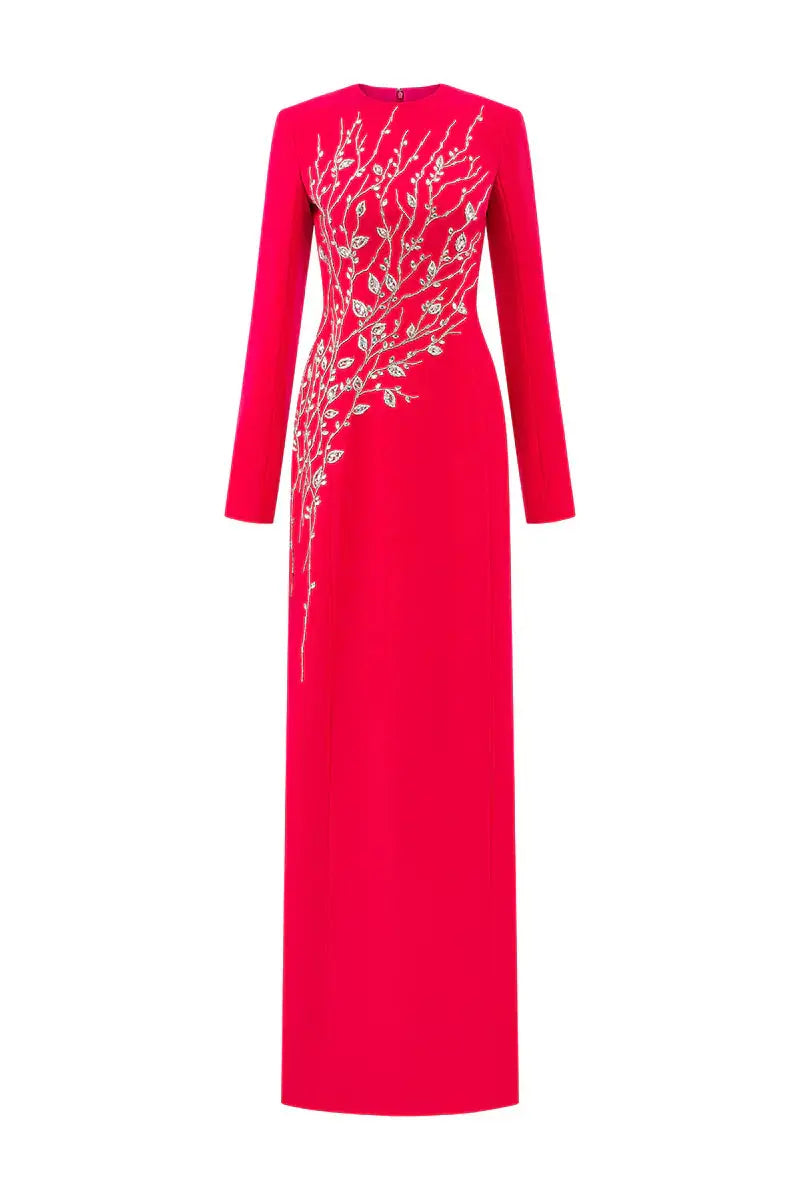 hilary red padded shoulder crystal embellished straight maxi dress Avalabel