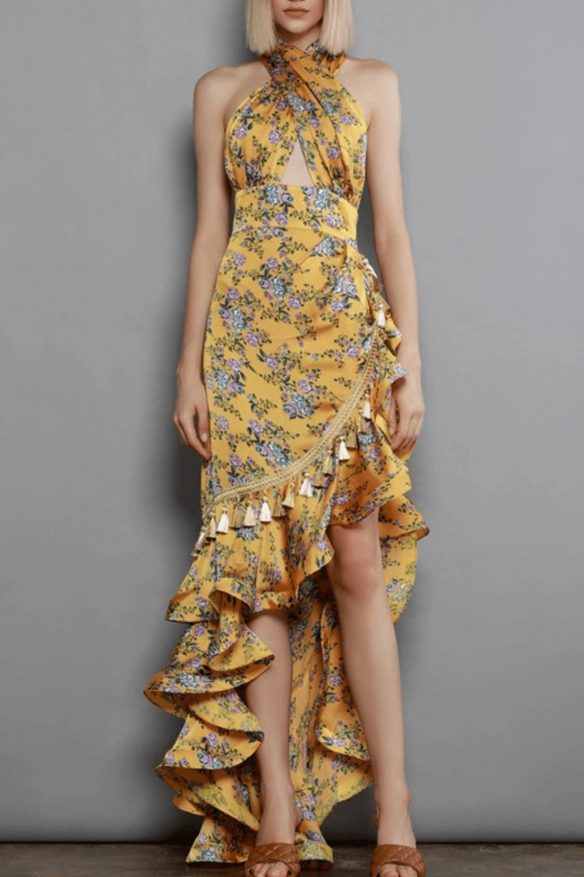Tiffany Yellow Floral Halter Neck Ruffle Maxi Dress Avalabel