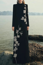 gloria High Neck Asymmetric Crystal Embellished maxi Dress in black Avalabel