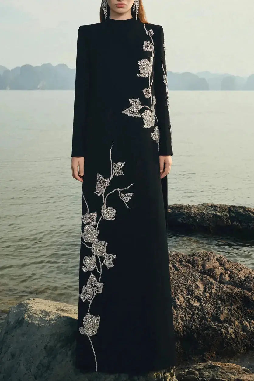 gloria High Neck Asymmetric Crystal Embellished maxi Dress in black Avalabel