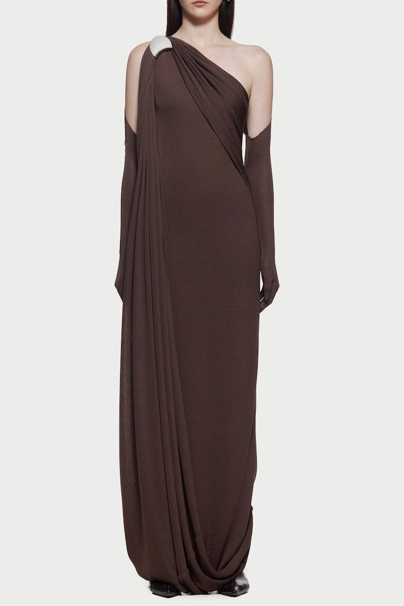xaviera one-shoulder pleated backless maxi dress in brown Avalabel