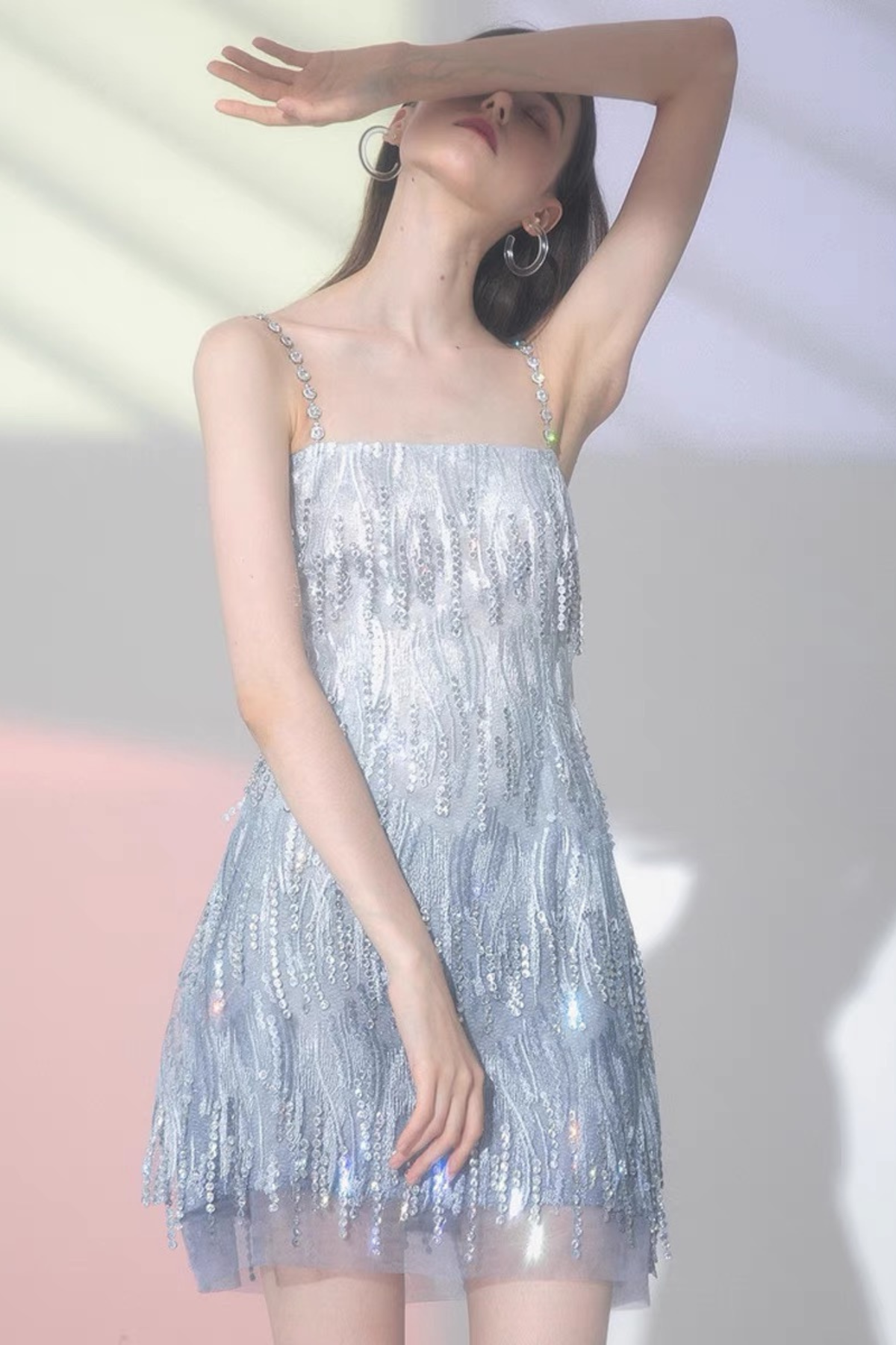 Clara Crystal Bead Fringe Chain Strap Spaghetti Strap Mini Dress Avalabel