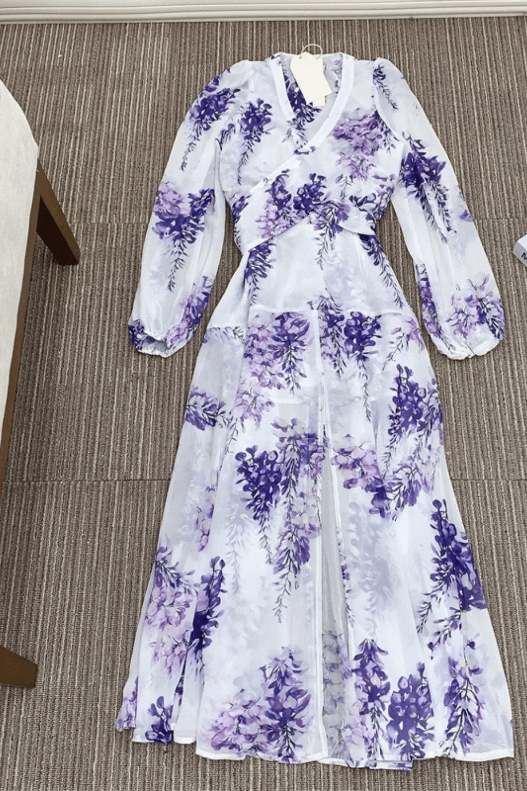 Purple Wisteria Print Chiffon Long Sleeve Maxi Dress Avalabel