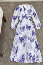 Purple Wisteria Print Chiffon Long Sleeve Maxi Dress Avalabel
