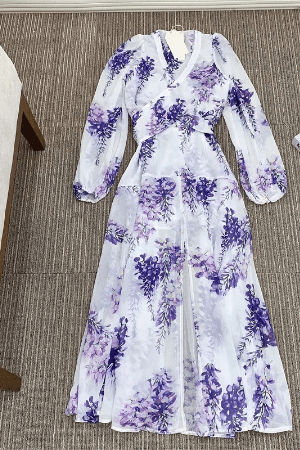 Purple Wisteria Print Chiffon Long Sleeve Maxi Dress Avalabel