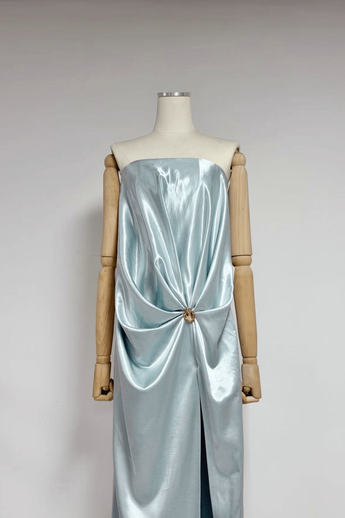 Ruby Blue Strapless Draped Satin Dress Avalabel