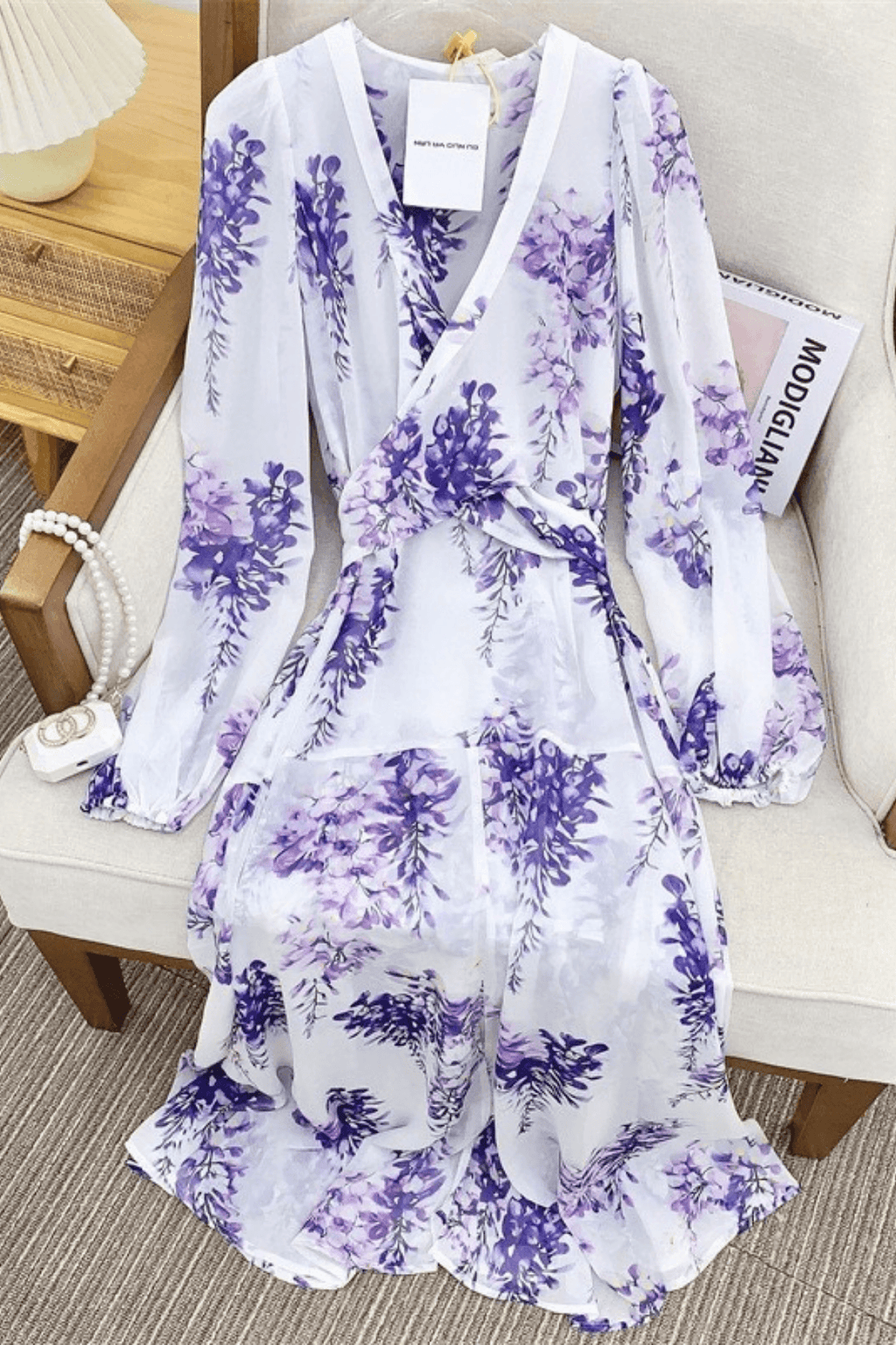 Purple Wisteria Print Chiffon Long Sleeve Maxi Dress Avalabel