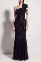 Adora One Shoulder Black Lace Mermaid Maxi Dress Avalabel