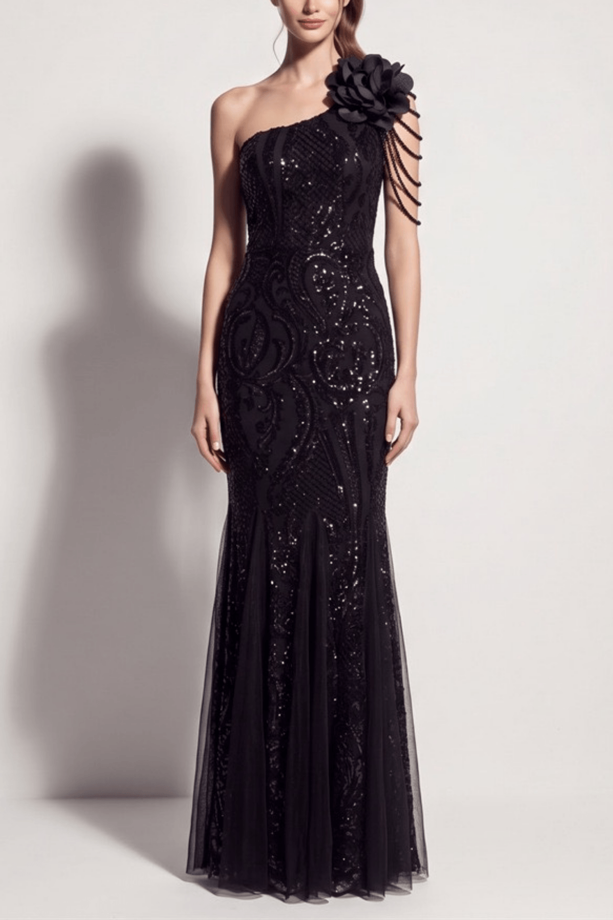 Adora One Shoulder Black Lace Mermaid Maxi Dress Avalabel
