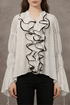Ellie White Polka Dot Ruffled Bell Long Sleeve Blouse Avalabel