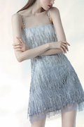 Clara Crystal Bead Fringe Chain Strap Spaghetti Strap Mini Dress Avalabel