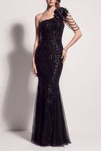 Adora One Shoulder Black Lace Mermaid Maxi Dress Avalabel