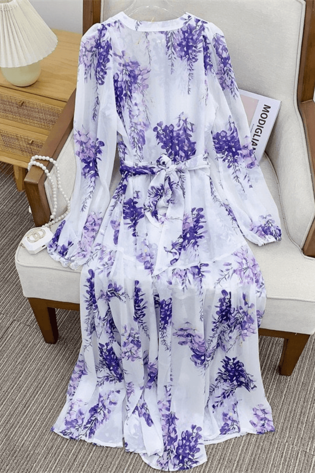 Purple Wisteria Print Chiffon Long Sleeve Maxi Dress Avalabel