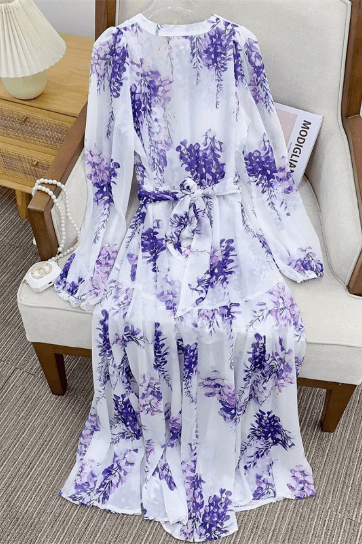 Purple Wisteria Print Chiffon Long Sleeve Maxi Dress Avalabel