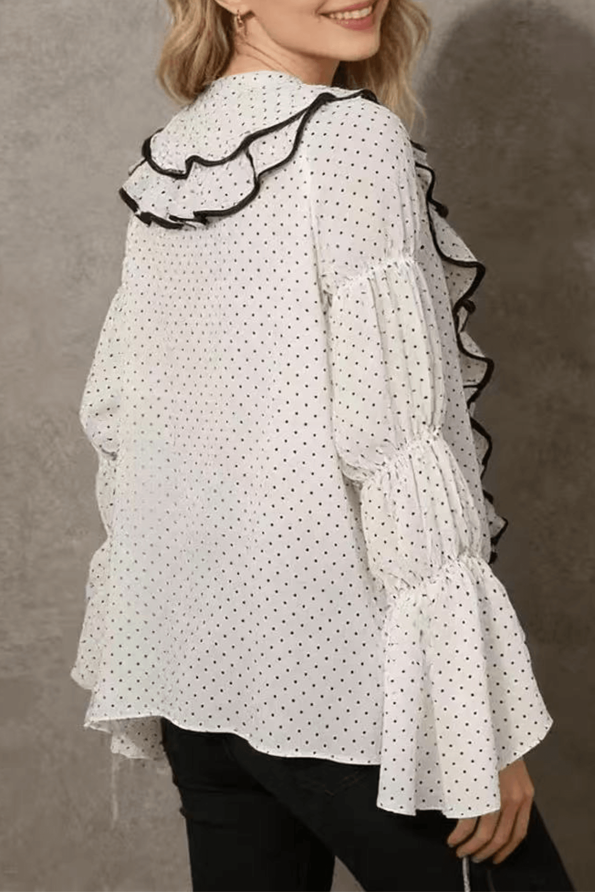 Ellie White Polka Dot Ruffled Bell Long Sleeve Blouse Avalabel